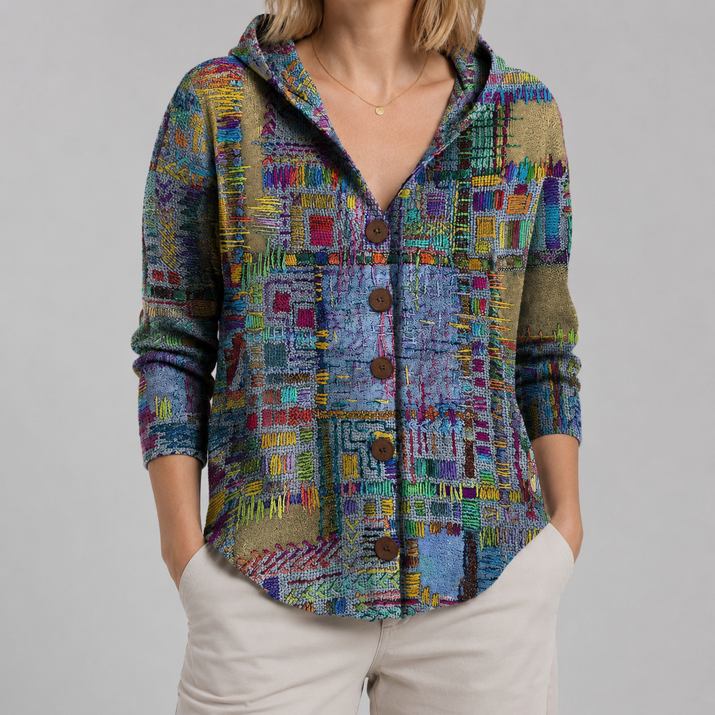A woman wearing a multicolor patchwork knit cardigan with a hood and brown buttons, paired with cream pants, against a solid gray studio background.