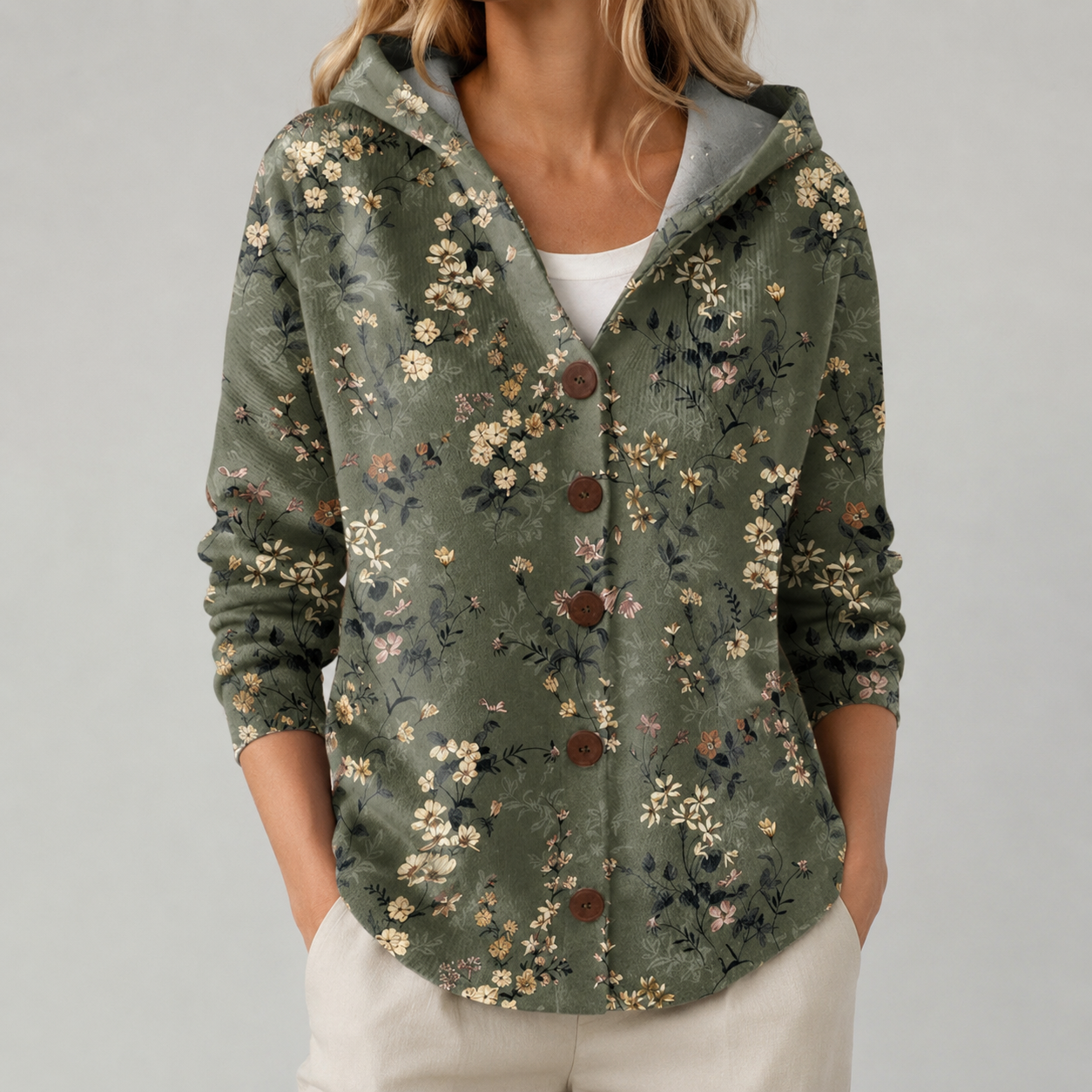 A woman wearing a sage green hooded button-up cardigan with a delicate beige and white floral pattern, styled over a white top and cream pants against a neutral gray background.