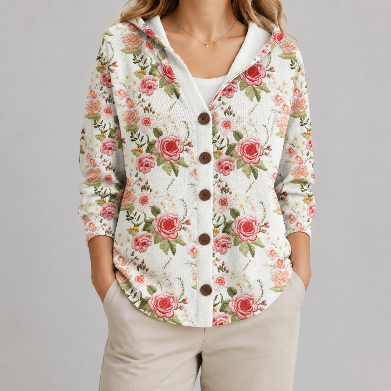 A woman wearing a white hooded cardigan with a pink and green rose floral pattern, paired with beige pants, against a solid gray studio background.
