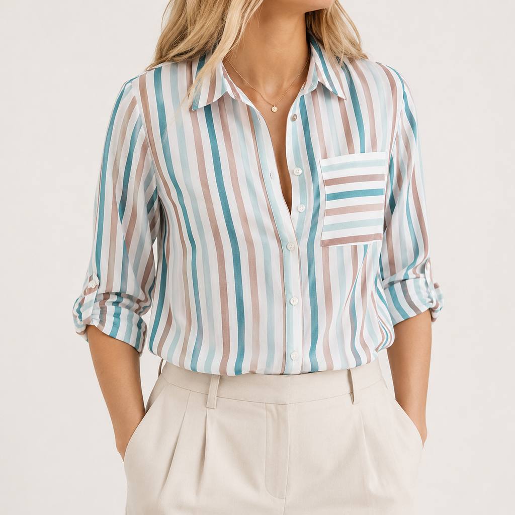A woman wearing a long-sleeve button-up shirt with vertical stripes in white, light blue, and dusty pink, paired with cream-colored trousers, against a plain off-white background.
