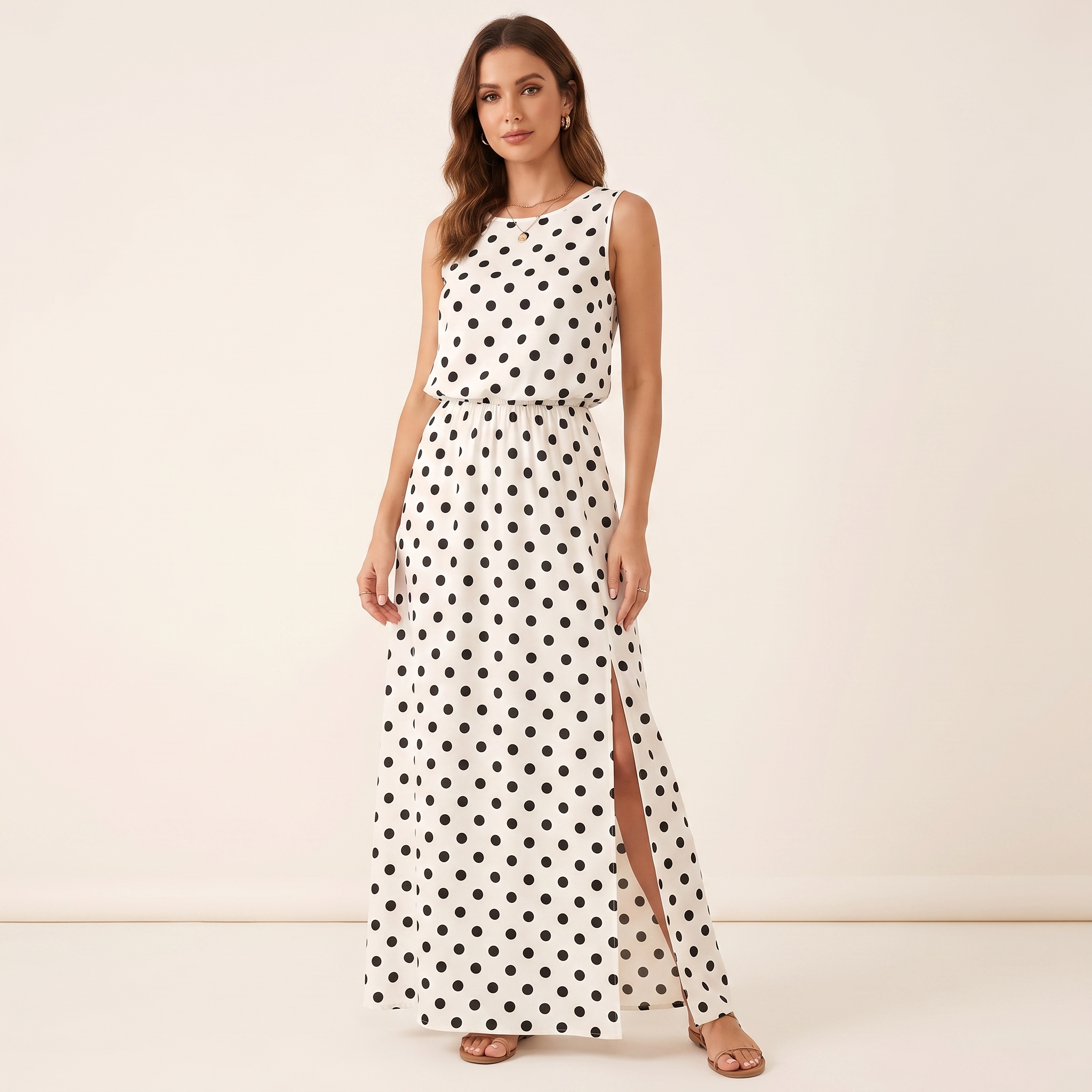 Woman wearing a white dress with black polka dots on a beige background