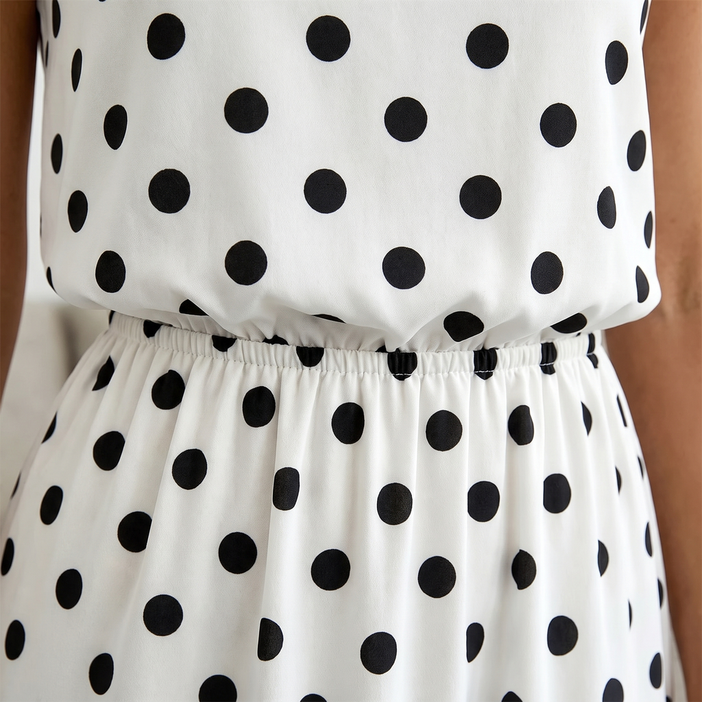 White dress with black polka dots on a plain background