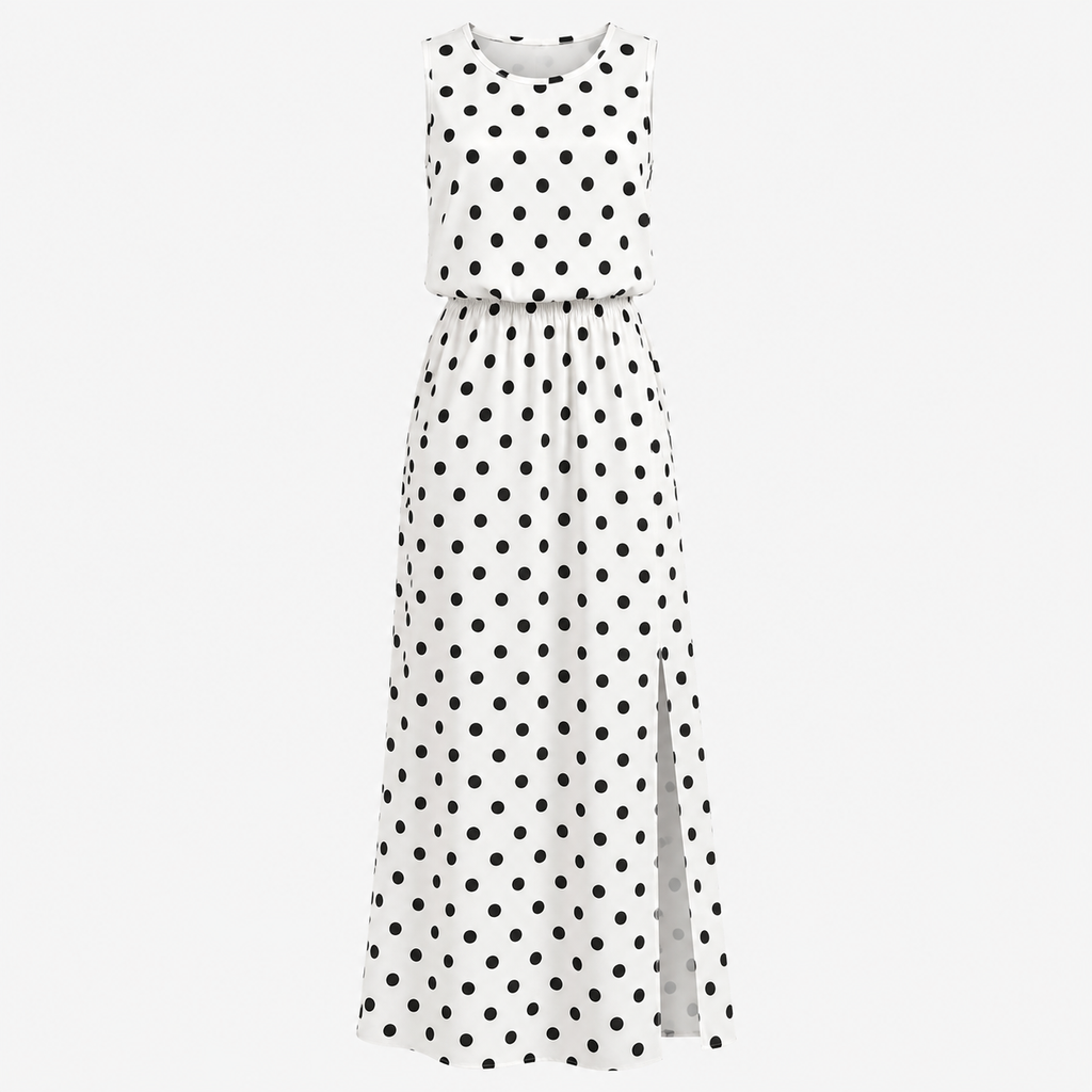 White dress with black polka dots on a white background
