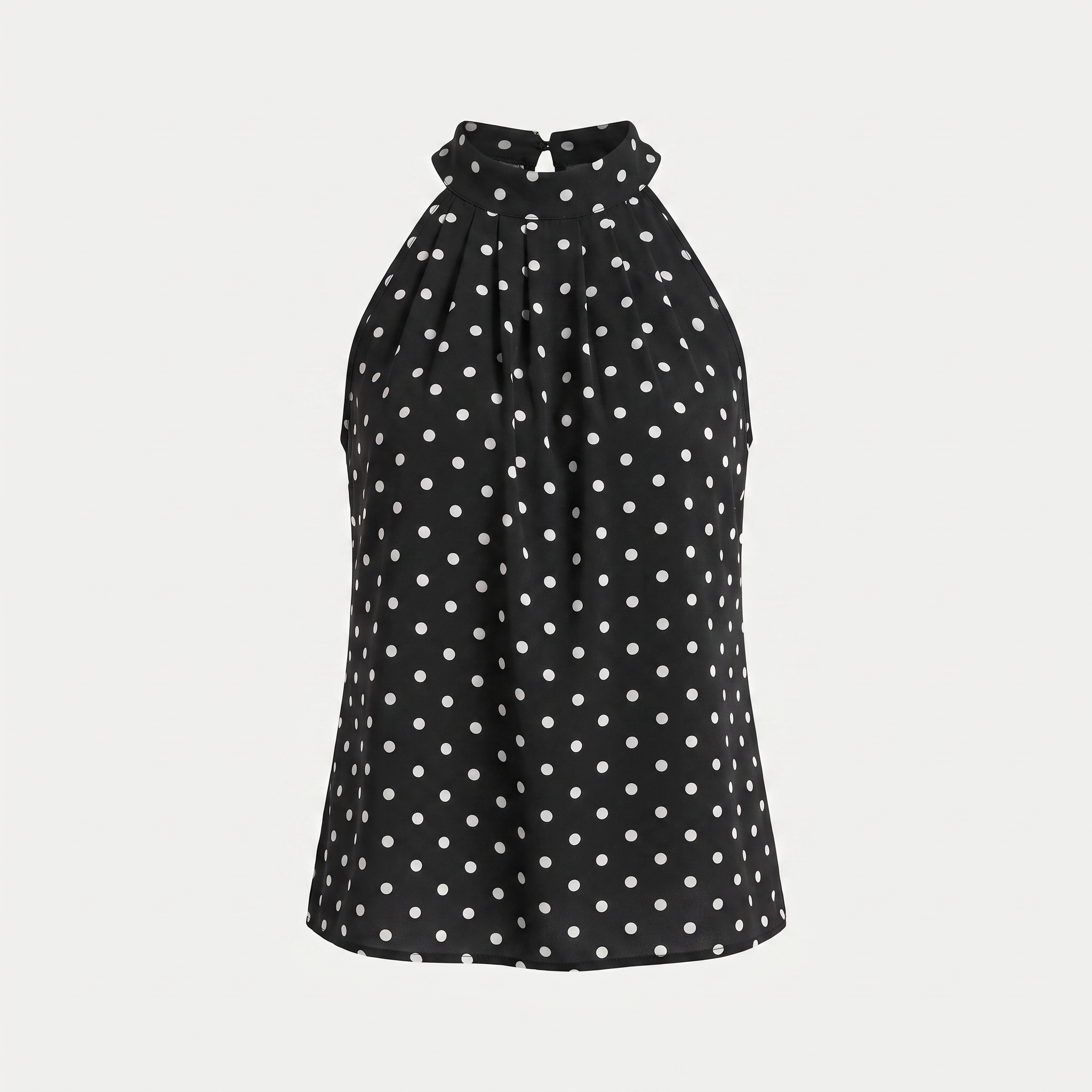 A black halter-style top with a white polka dot pattern, shown against a light gray background.