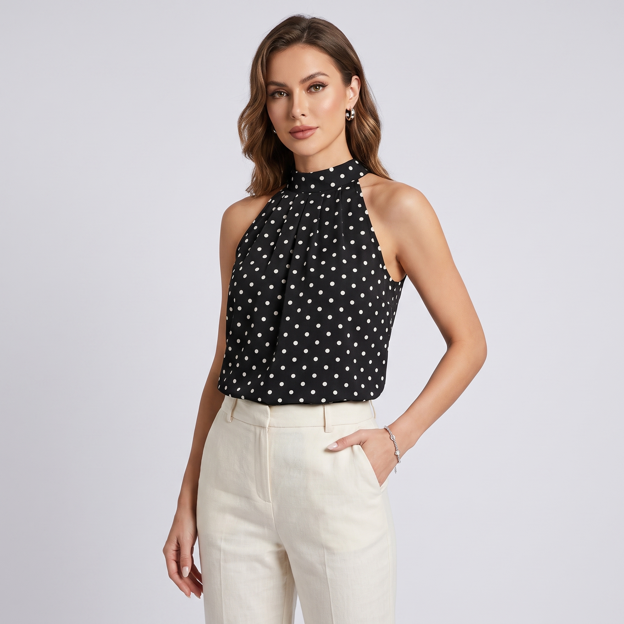 A woman modeling a sleeveless black halter top with a white polka dot pattern, paired with cream-colored trousers, against a light gray studio background.