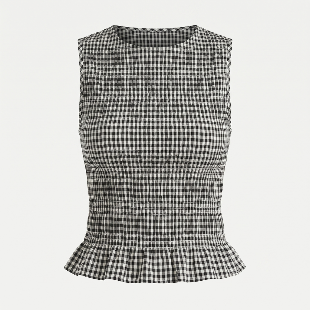A sleeveless black and white gingham check top with a smocked bodice and a ruffled hem, shown against a light gray background.