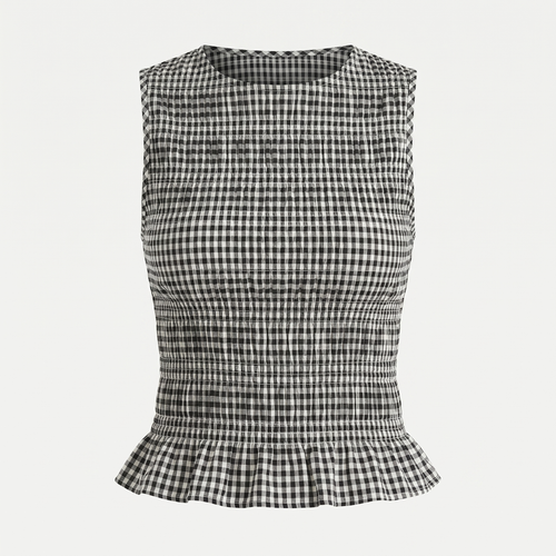 A sleeveless black and white gingham check top with a smocked bodice and a ruffled hem, shown against a light gray background.