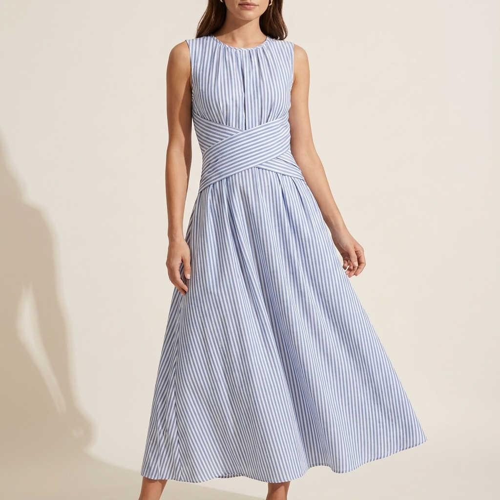 Woman wearing a blue and white striped dress on a beige background