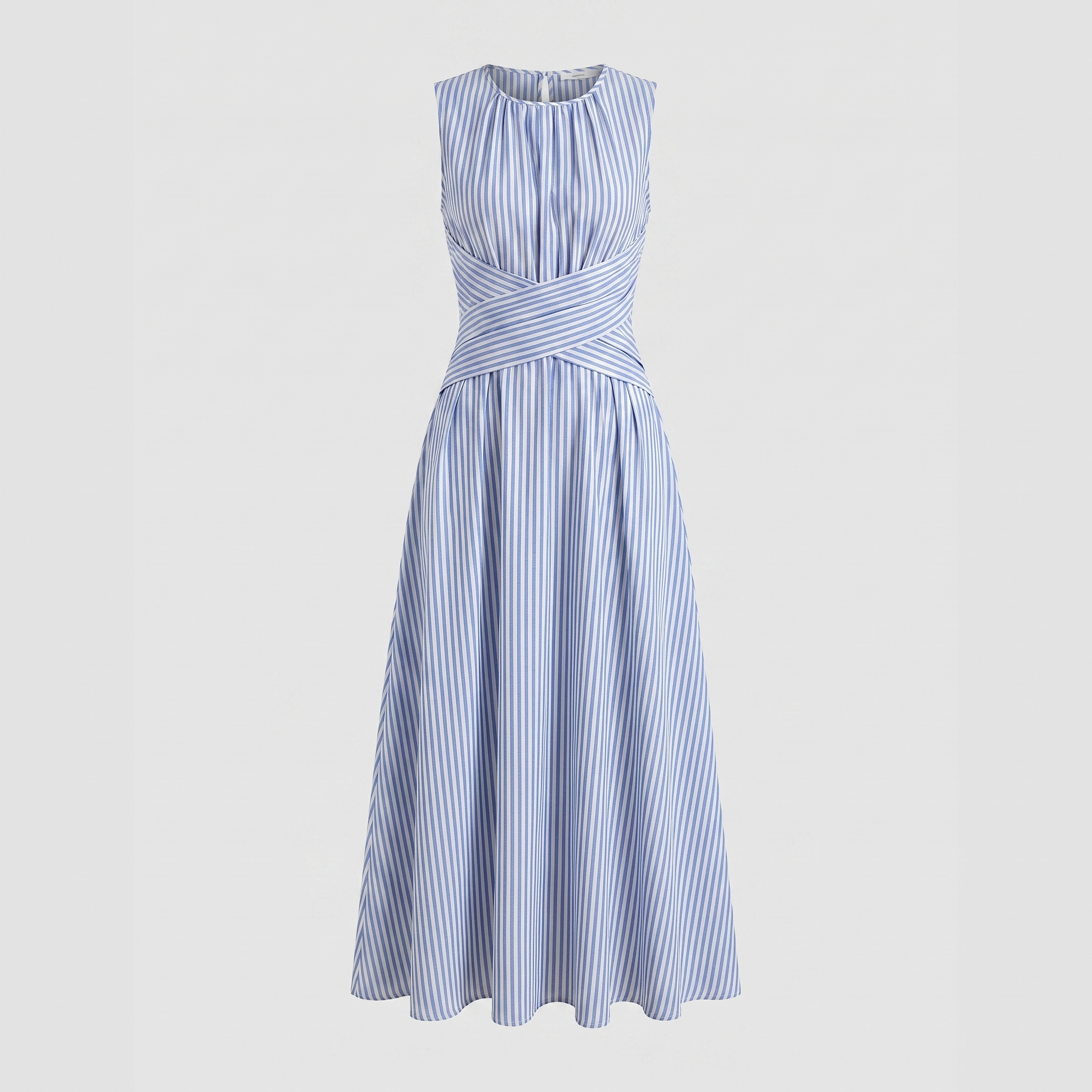 Blue and white striped dress on a light gray background