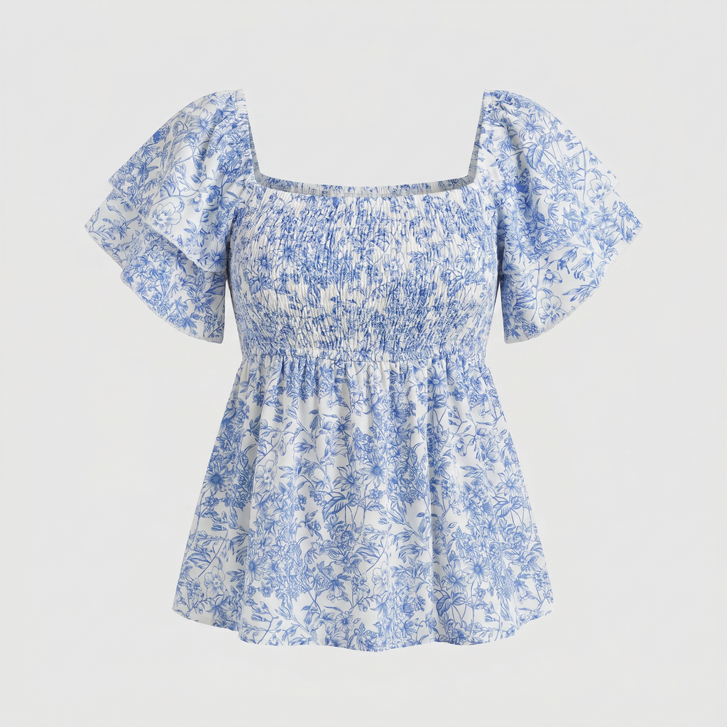 A women's smocked blouse with a blue and white floral toile pattern, featuring short flutter sleeves and a square neckline, shown against a light gray background.
