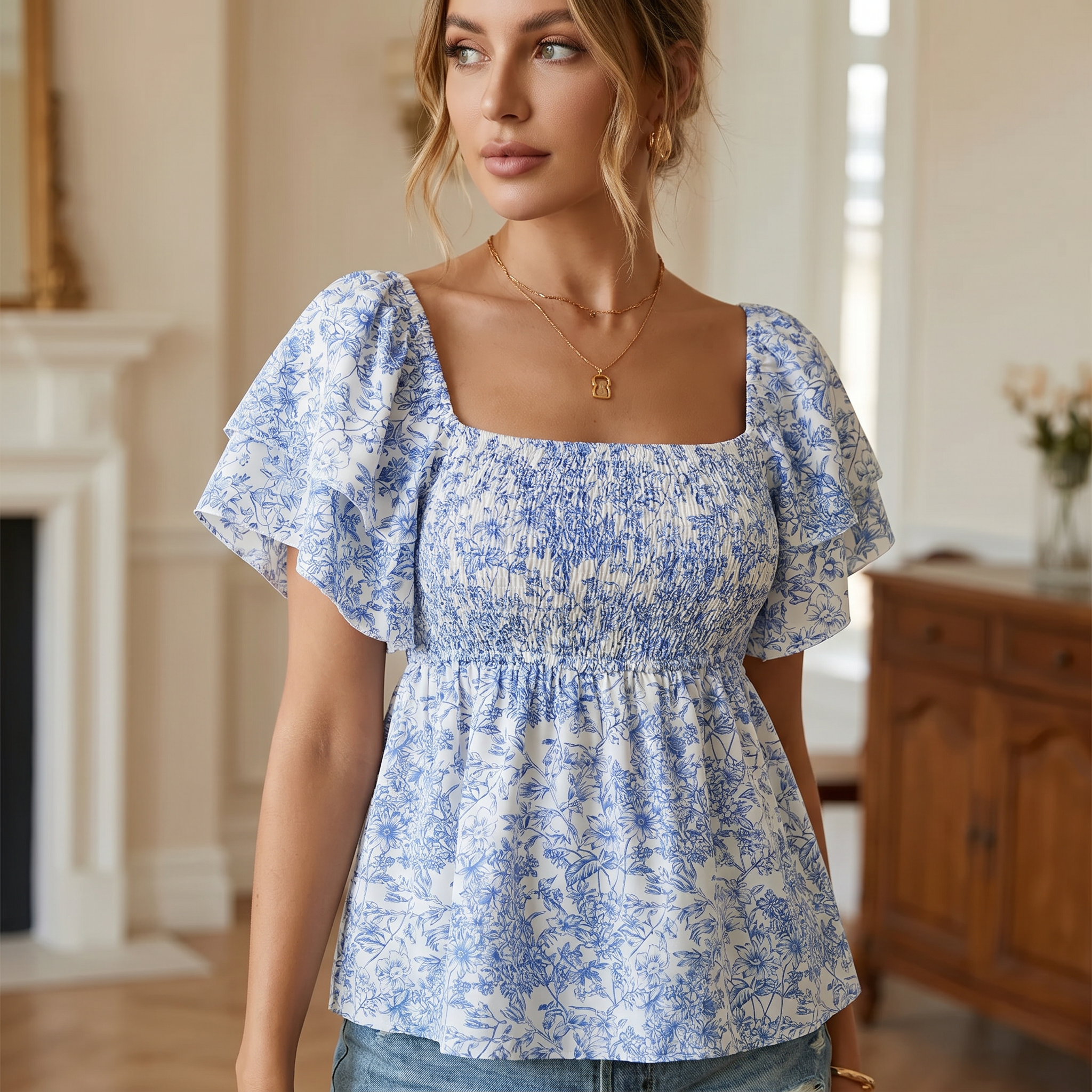 A woman wearing a blue and white floral print puff-sleeve top with a smocked waist, standing in a warm, elegant room.