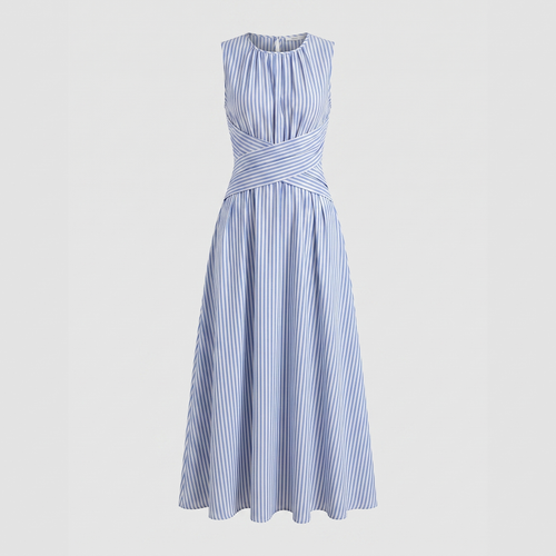 Blue and white striped dress on a light gray background