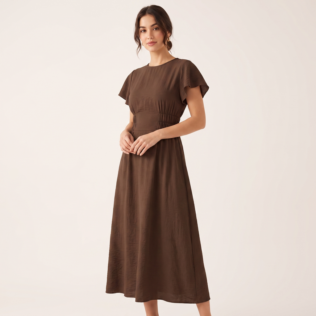 Woman wearing a brown dress on a plain background