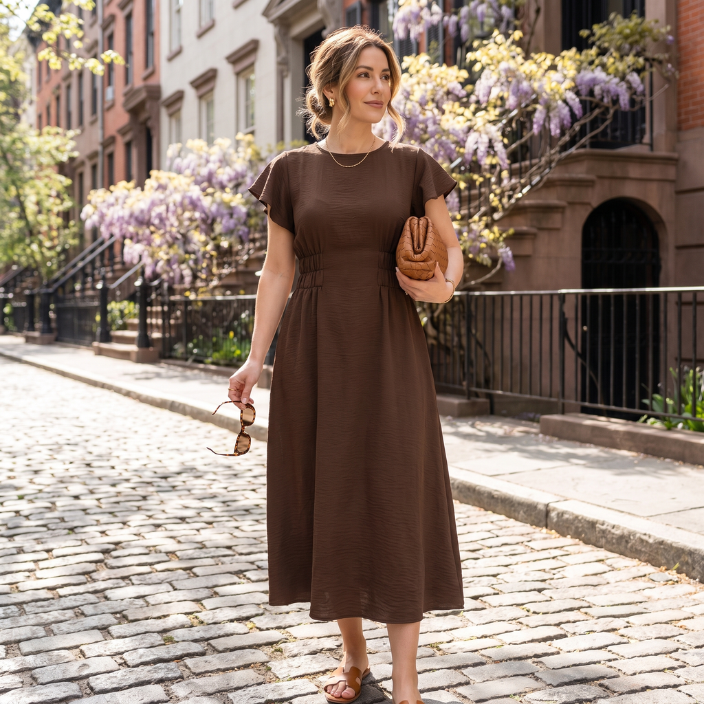 Woman in a brown dress standing on a cobbled street with wisteria in the background