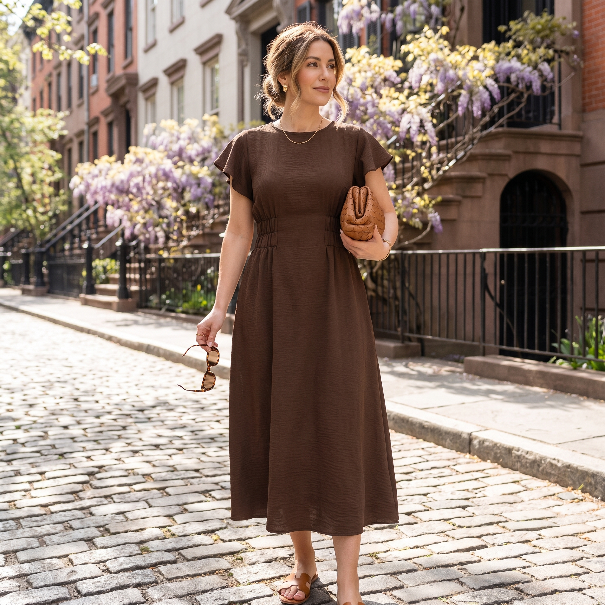 Woman in a brown dress standing on a cobbled street with wisteria in the background
