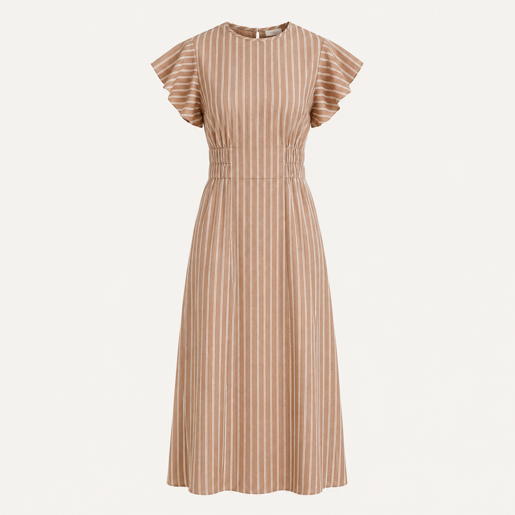 Beige and brown striped dress on a white background