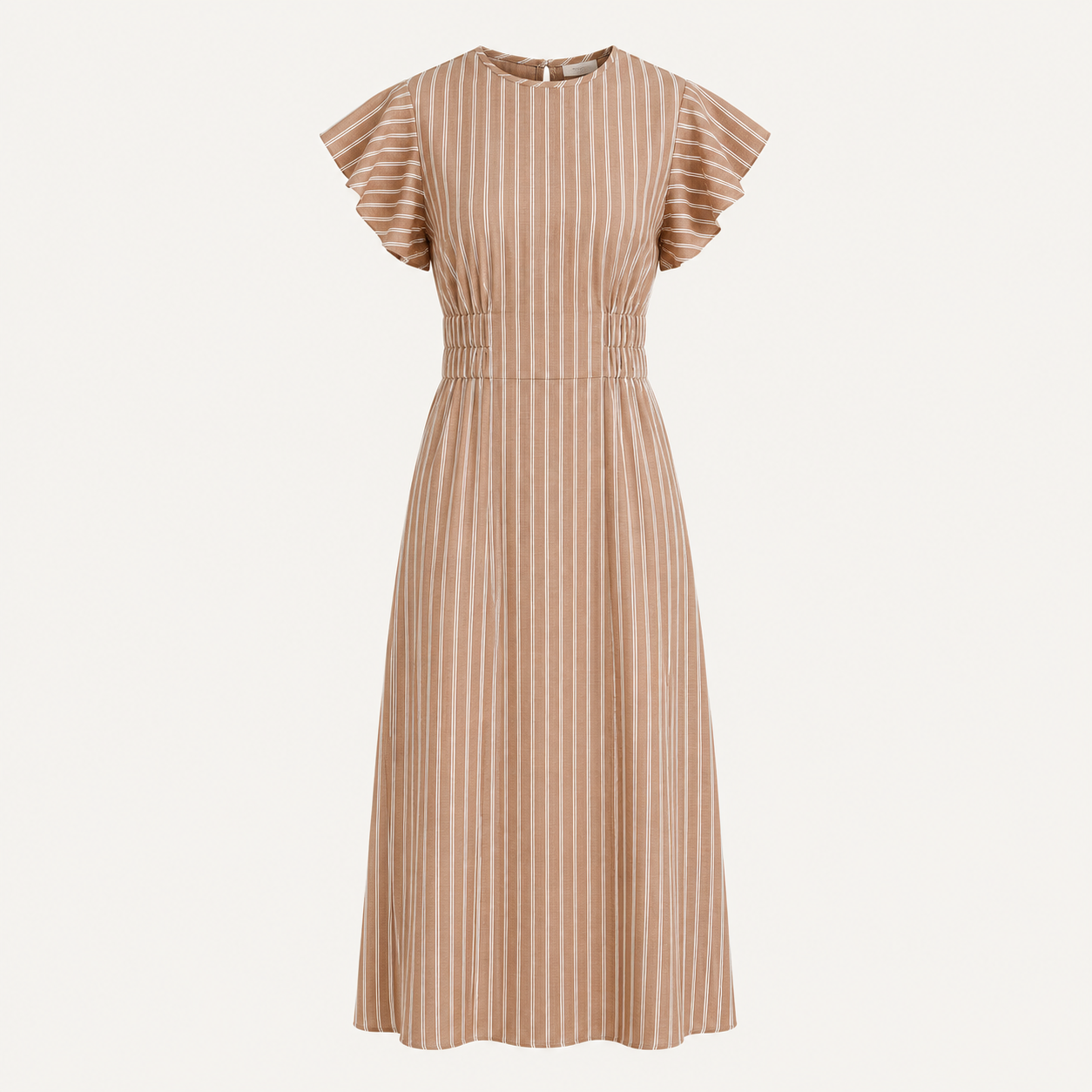 Beige and brown striped dress on a white background