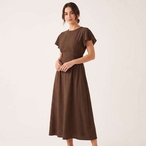 Woman wearing a brown dress on a plain background