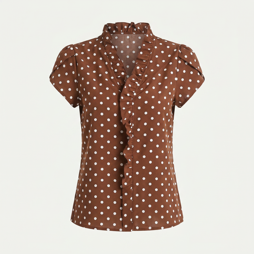 A brown short-sleeve blouse with white polka dots, featuring a ruffled collar and a ruffled front placket, displayed on a clean off-white background.