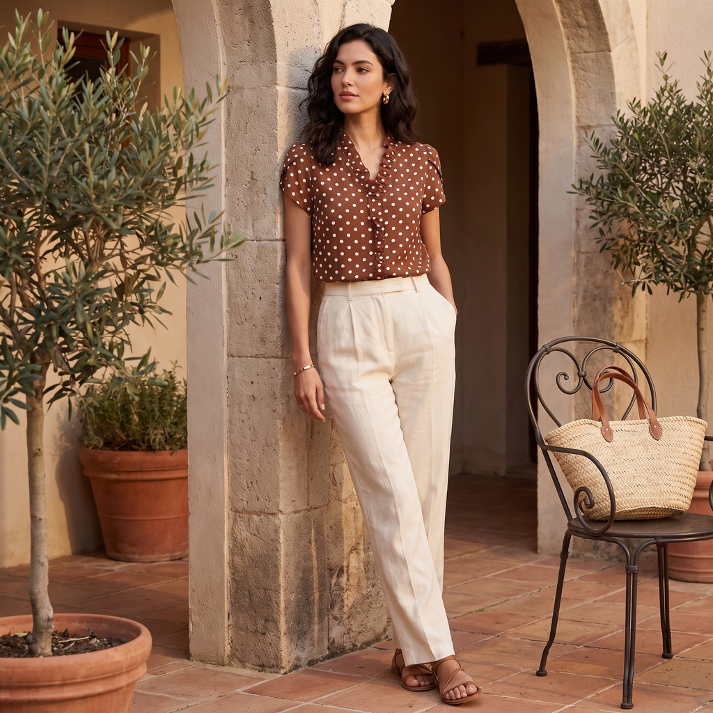 A woman stands in a sunlit courtyard wearing a brown short-sleeve button-up shirt with white polka dots and off-white straight-leg trousers. She is posed beside stone columns and potted olive trees, with a woven straw bag resting on a black metal chair.