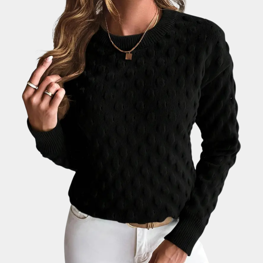 Black long-sleeve crew neck sweater featuring a textured cable knit pattern with ribbed cuffs and hem.