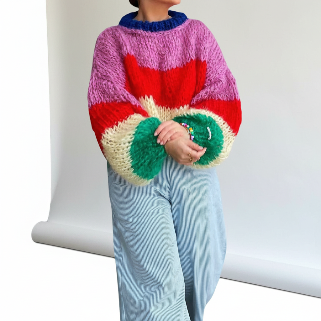 Oversized chunky knit sweater featuring bold color-blocked stripes, a crew neckline, and voluminous balloon sleeves.