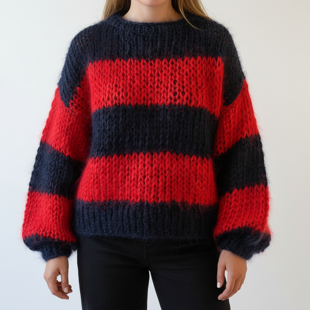 Oversized chunky knit sweater with red and navy blue stripes, crew neckline, and voluminous balloon sleeves.
