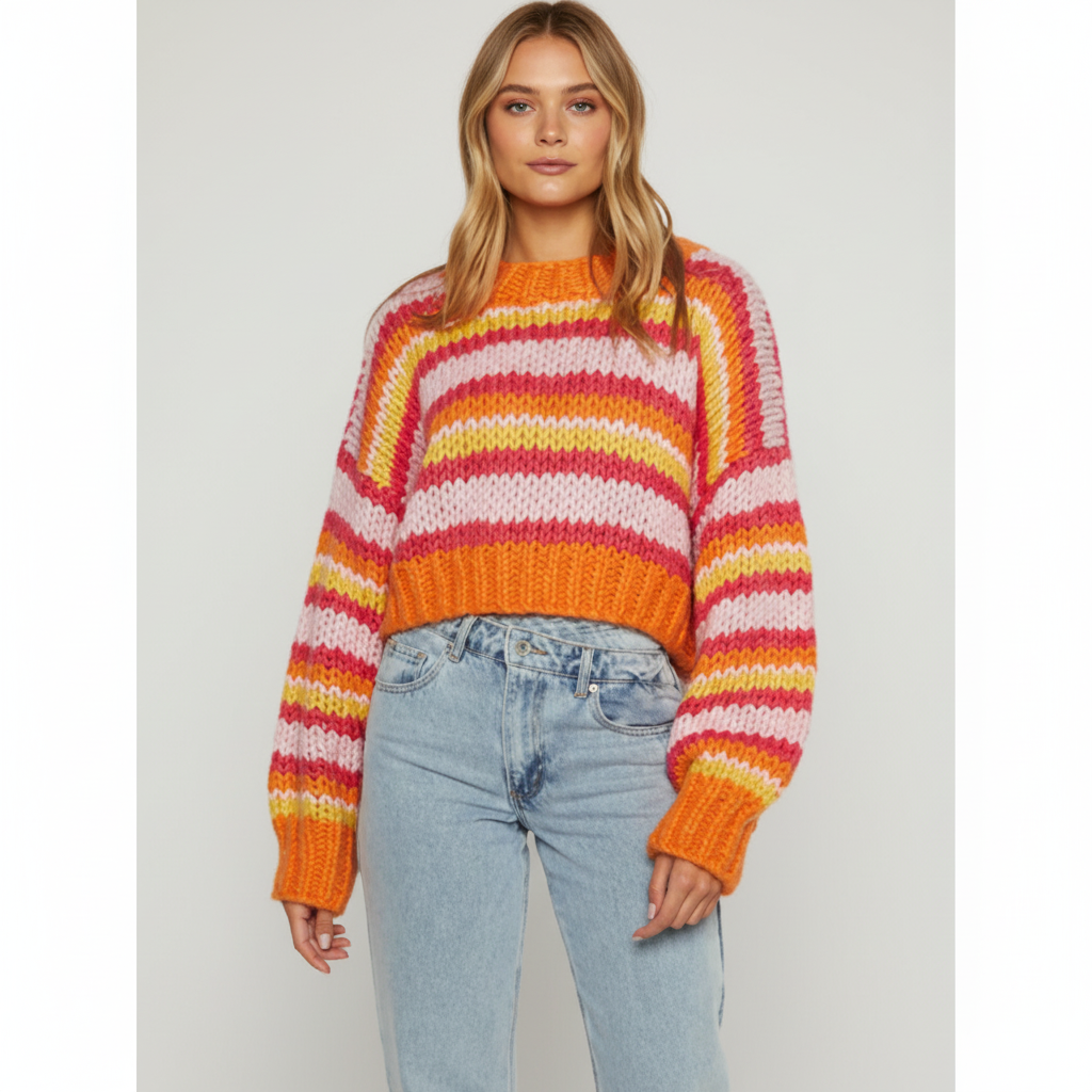 Oversized chunky knit sweater with orange, pink, and yellow stripes, featuring a crew neck and voluminous balloon sleeves.
