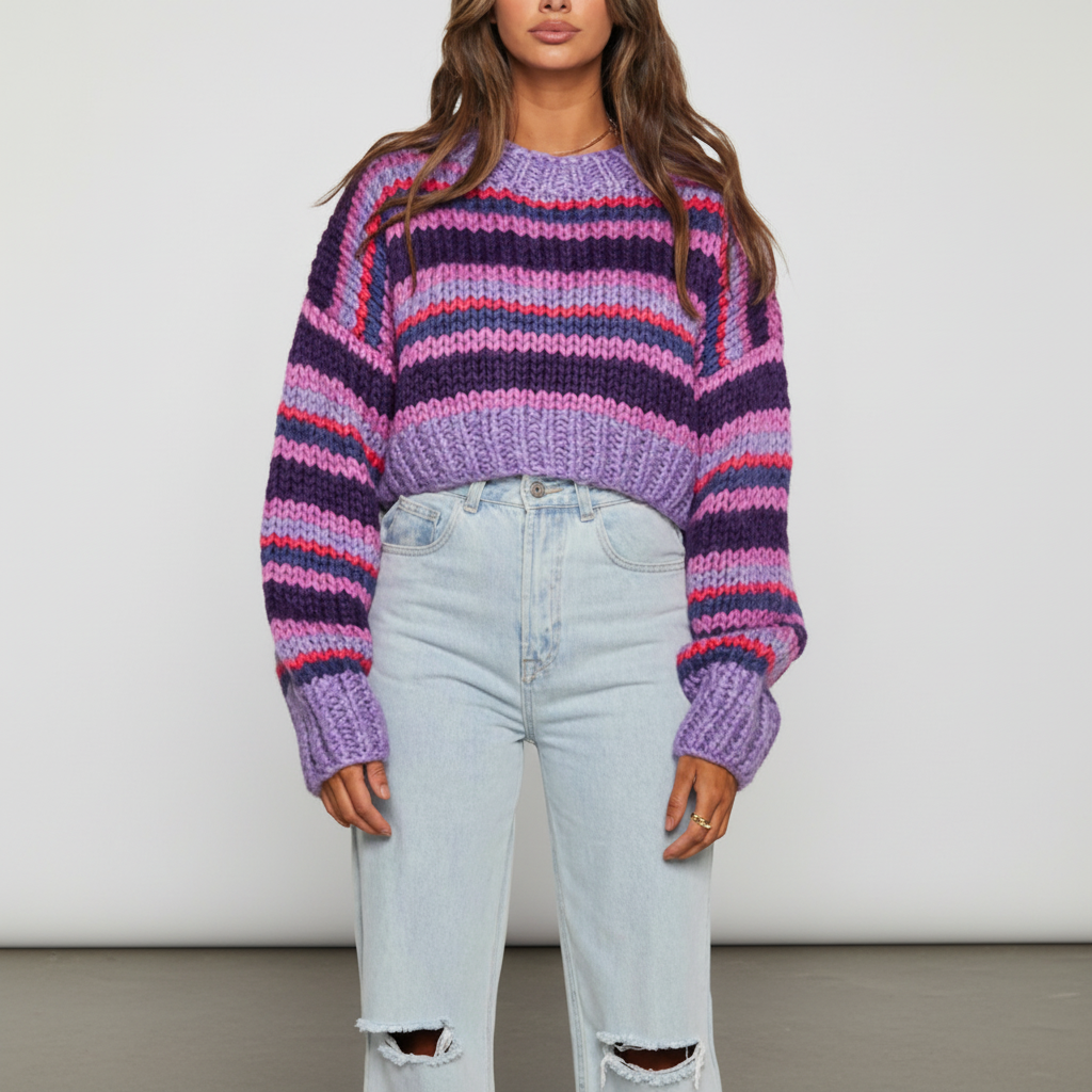 Oversized chunky knit sweater with purple and pink stripes, crew neckline, and voluminous balloon sleeves.