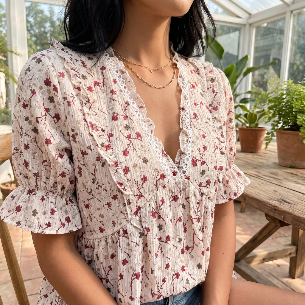 A woman wearing a cream-colored short-sleeve blouse with a red and green floral print, lace trim, and ruffled details, photographed in a bright greenhouse setting.
