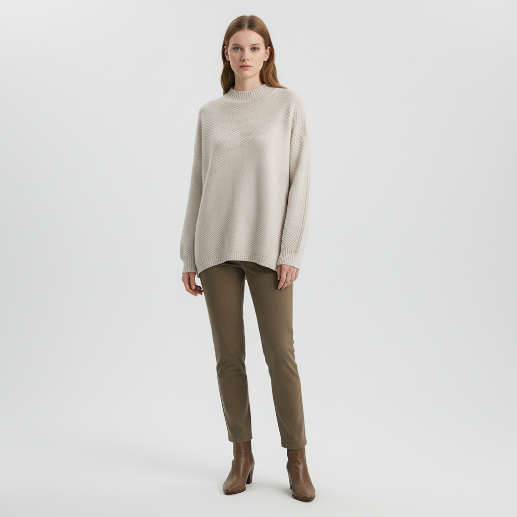 Beige oversized mock neck sweater with diagonal ribbing, dropped shoulders, and long sleeves paired with slim trousers.