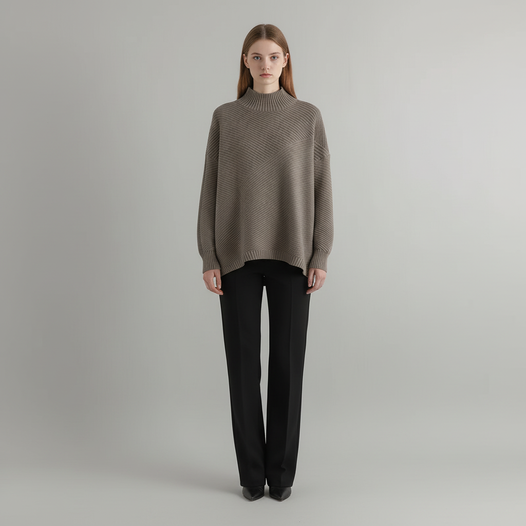 Taupe oversized mock neck sweater with diagonal ribbing, dropped shoulders, and long sleeves paired with black trousers.