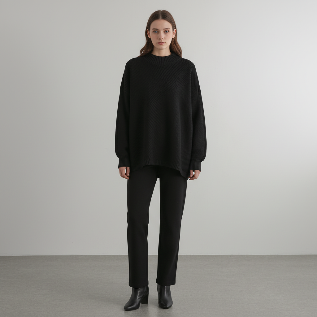 Black oversized mock neck sweater with diagonal ribbing, dropped shoulders, and long sleeves paired with slim trousers.