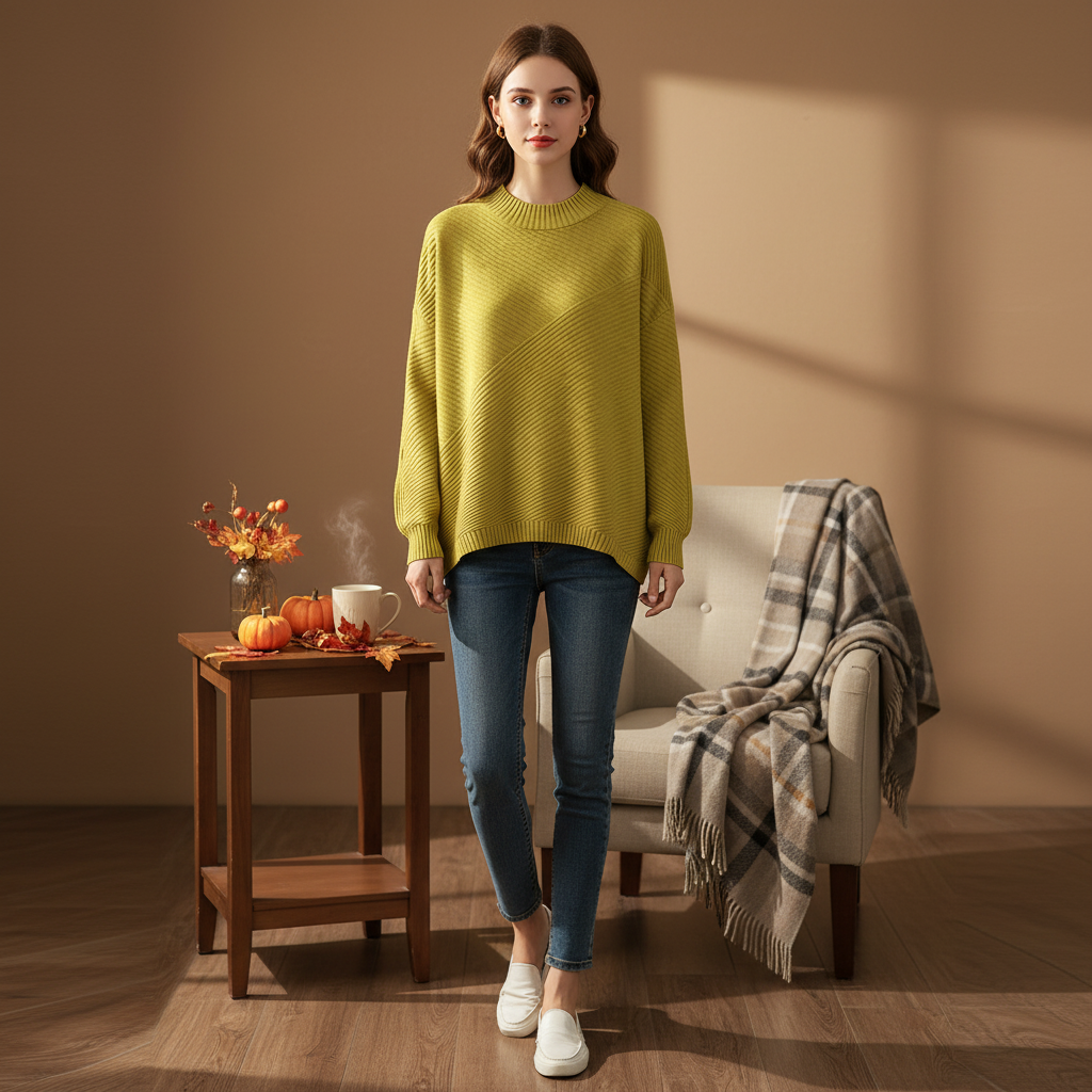 Yellow green oversized mock neck sweater with diagonal ribbing, dropped shoulders, and long sleeves worn with blue jeans.