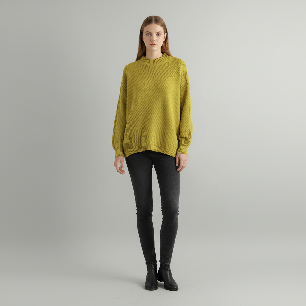 Yellow green oversized mock neck sweater featuring diagonal ribbing, dropped shoulders, and long sleeves.