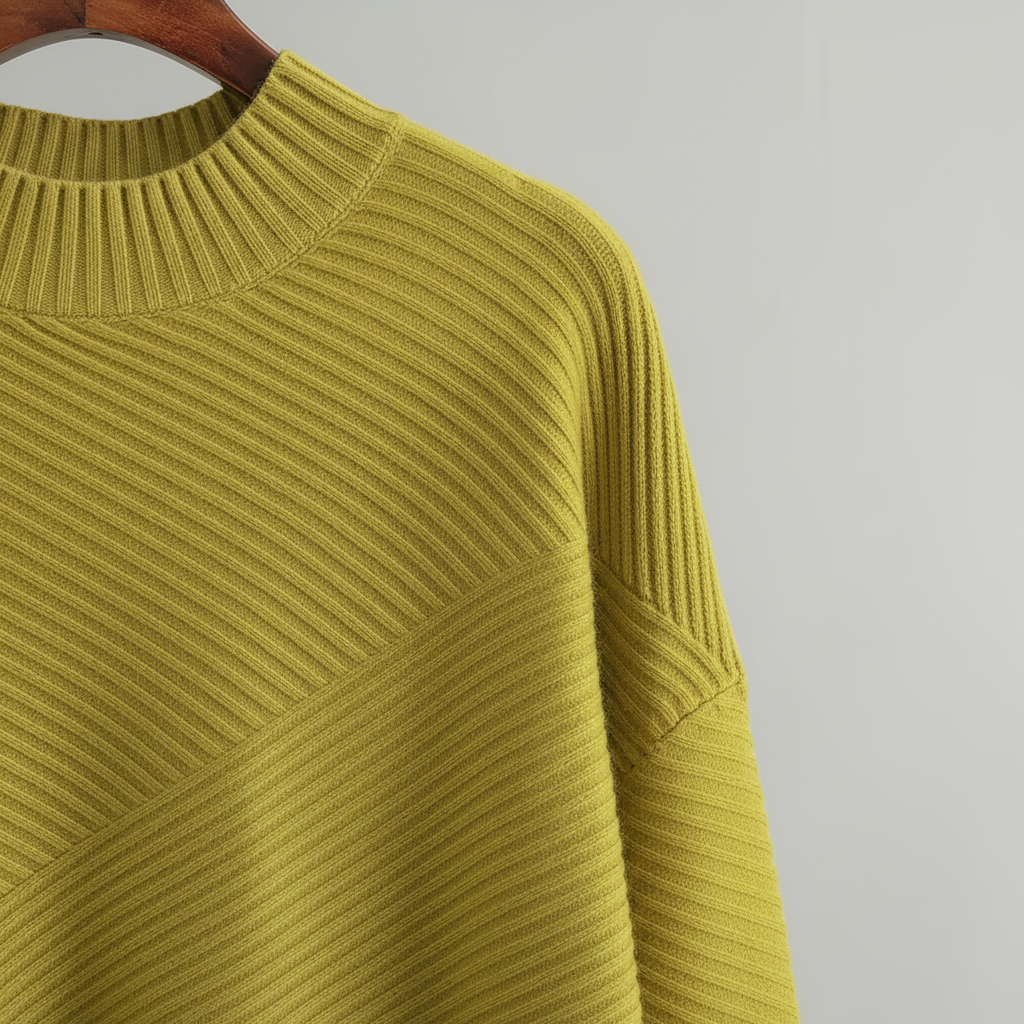 Yellow-green oversized mock neck sweater featuring diagonal ribbing and dropped shoulders on a wooden hanger.