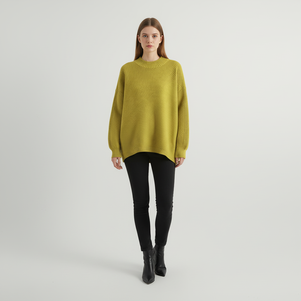 Oversized yellow-green mock neck sweater with diagonal ribbing, dropped shoulders, and long sleeves.