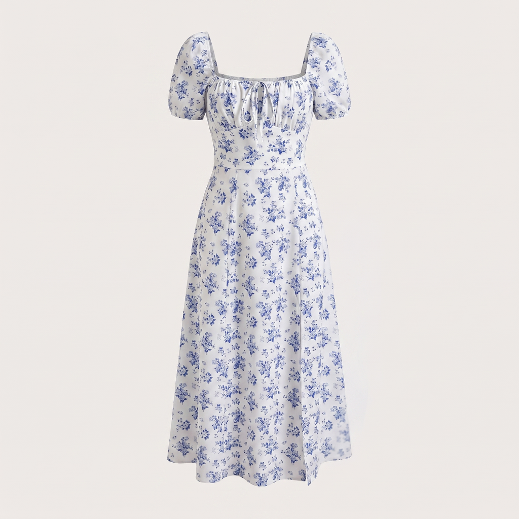White dress with blue floral pattern on a light gray background