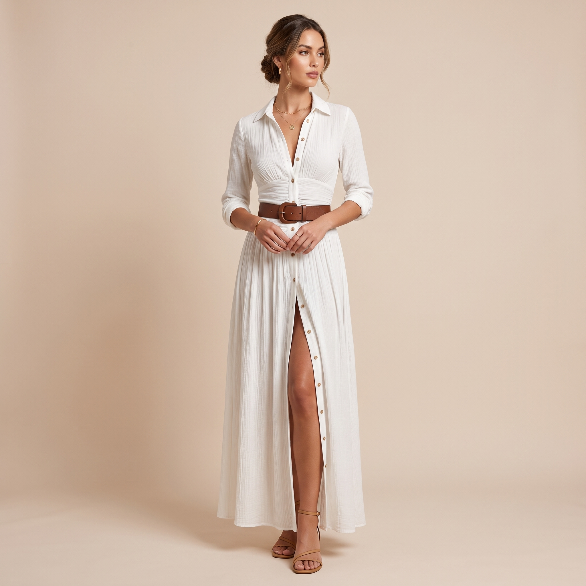 A woman models a white long-sleeve button-front maxi dress with a wrap-style V-neck, pleated skirt, and front slit, styled with a brown belt and brown heeled sandals against a solid beige studio background.
