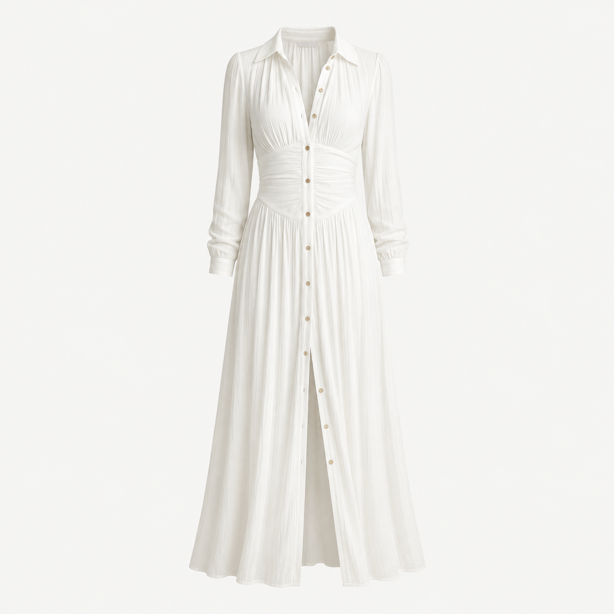 An off-white long-sleeve button-up maxi dress with a gathered waist and front slit, shown on a plain light gray background.