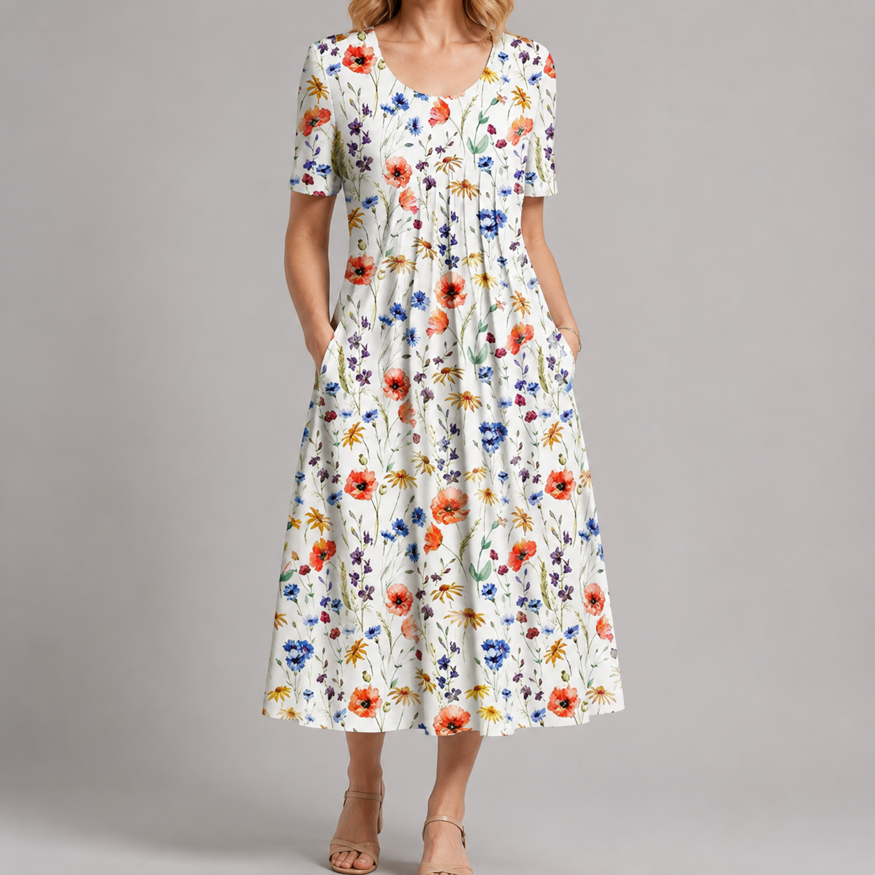 A woman models a short-sleeve midi dress with a white base and a colorful floral print featuring red, orange, blue, and yellow flowers. The dress has a V-neckline, side pockets, and a gathered skirt, shown against a solid gray studio background.