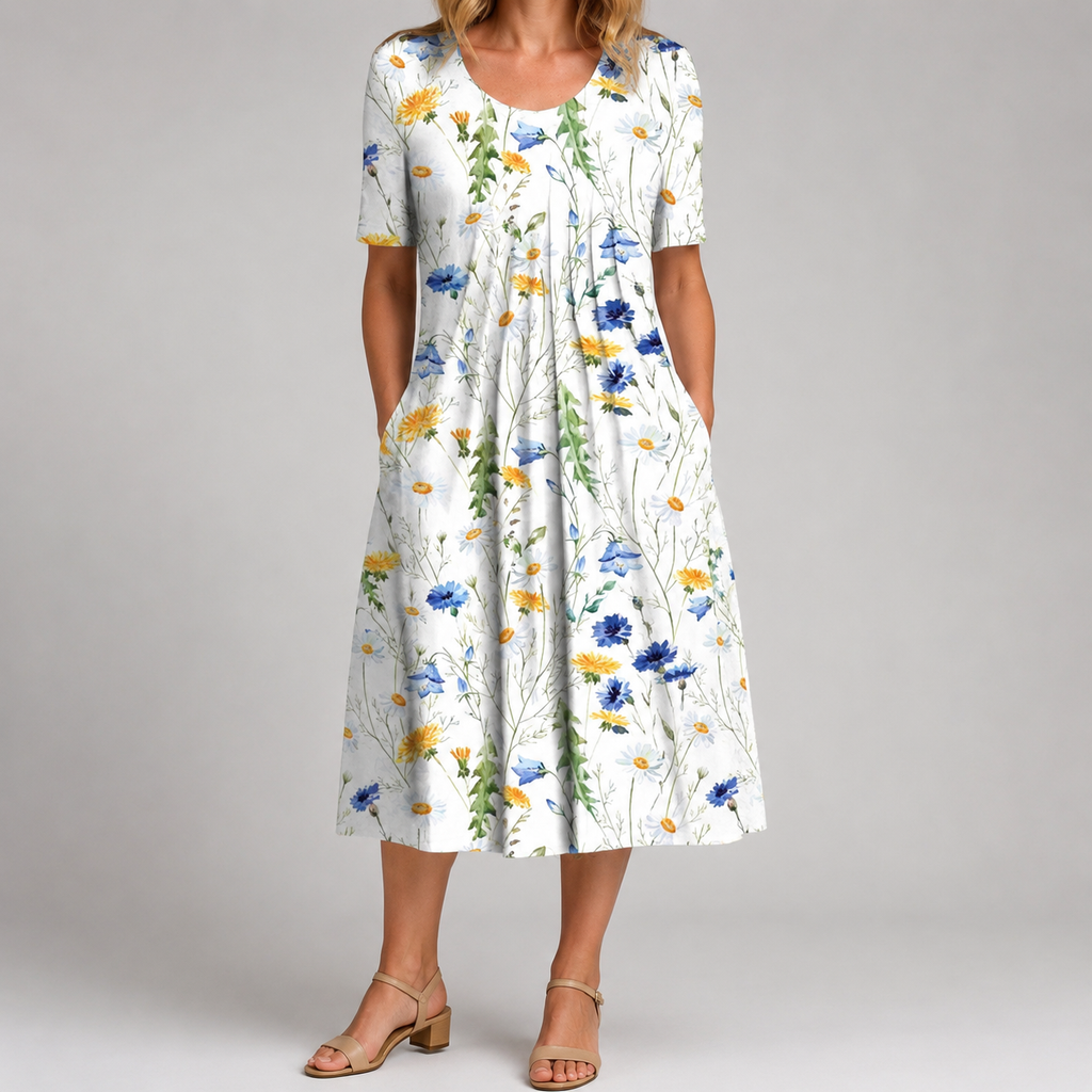 A woman modeling a white short-sleeve midi dress with a blue and yellow wildflower print, featuring side pockets, against a neutral gray studio background.