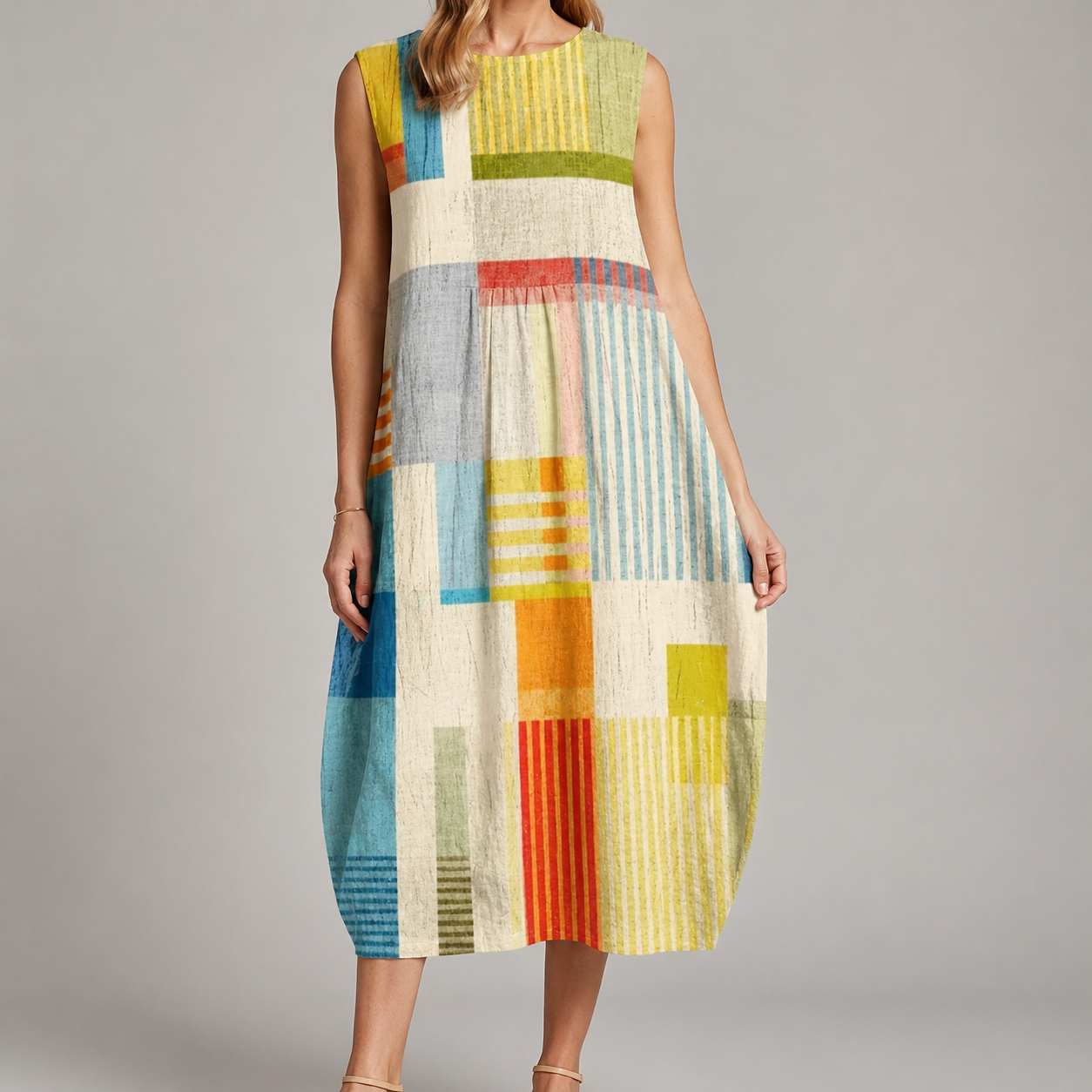 A sleeveless midi dress with a colorful geometric patchwork pattern, modeled against a neutral gray studio background.