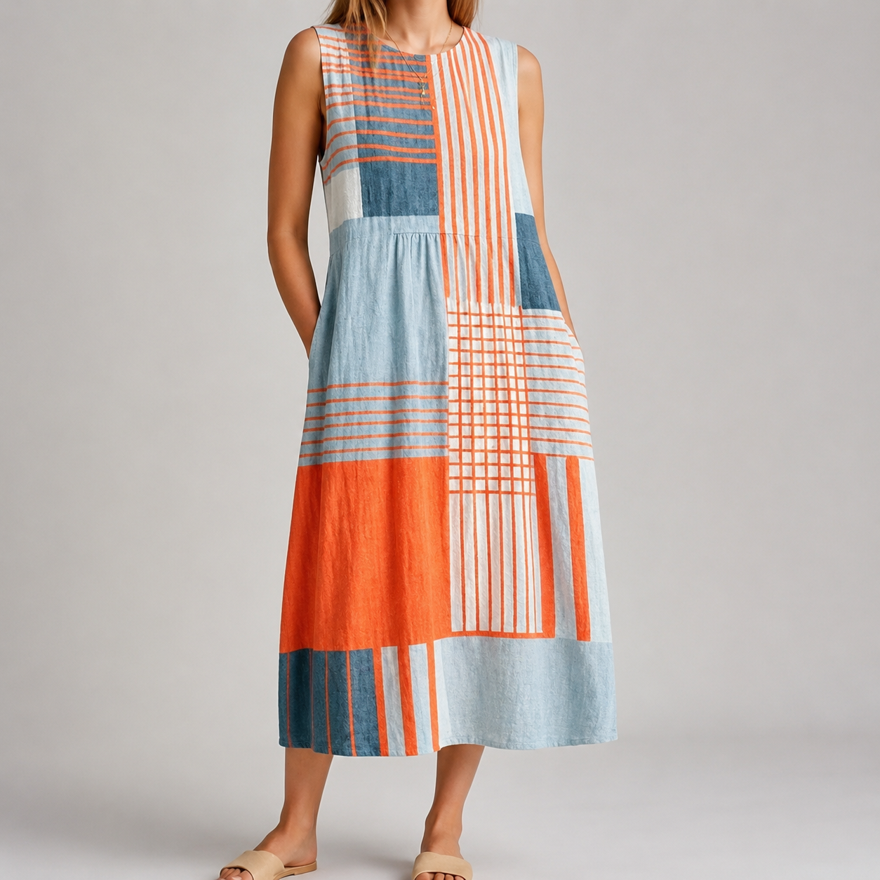 A sleeveless midi dress with a colorful patchwork block pattern in light blue, orange, and navy, modeled against a neutral gray studio background.