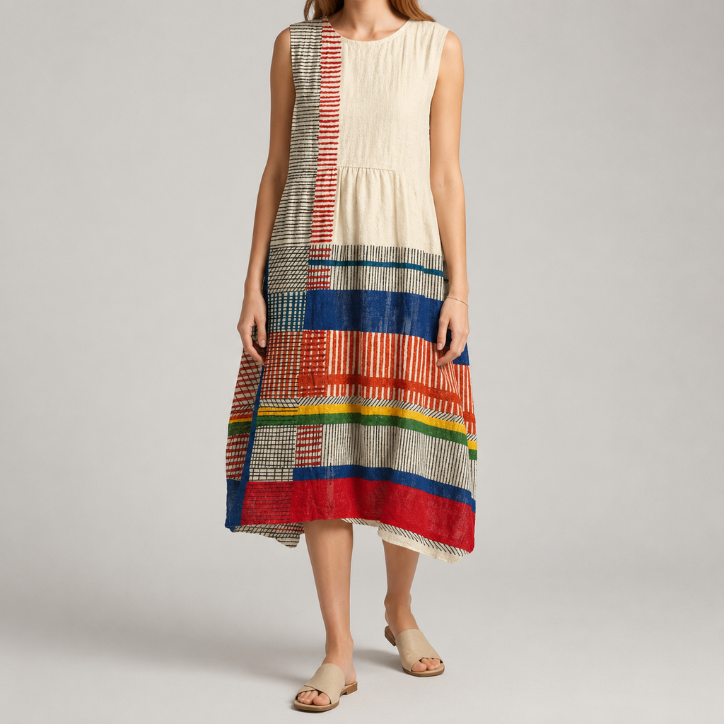 A sleeveless midi dress with a cream-colored upper bodice and a colorful patchwork lower skirt featuring red, blue, green, yellow, and black patterned stripes, modeled against a light gray studio background.