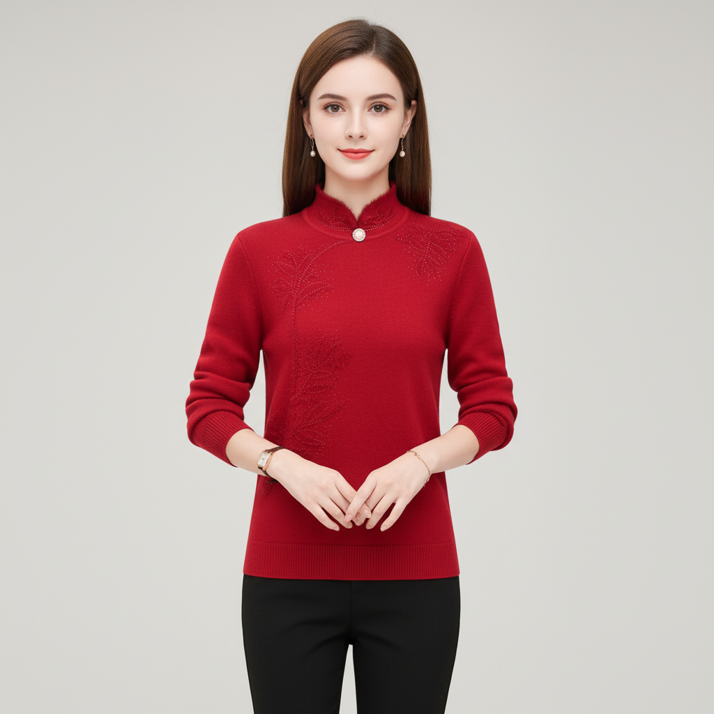 Red long-sleeve sweater with a high mandarin collar, single button detail, and subtle floral print accents.