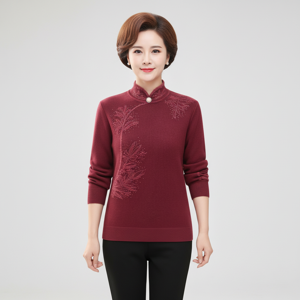 Wine red long-sleeve sweater featuring a high mandarin collar, single button detail, and elegant floral printed accents.