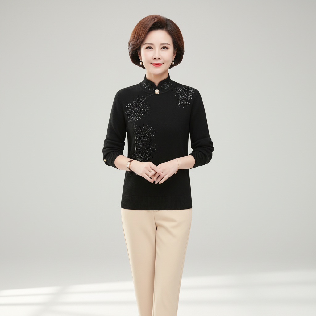 Black fitted sweater with a high mandarin collar, single button detail, and delicate floral print accents.