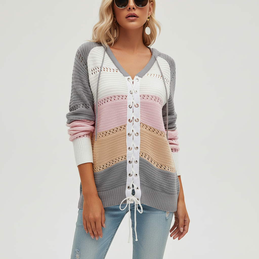 Multi-colored hooded knit sweater featuring openwork panels, a white lace-up front, and ribbed long sleeves.