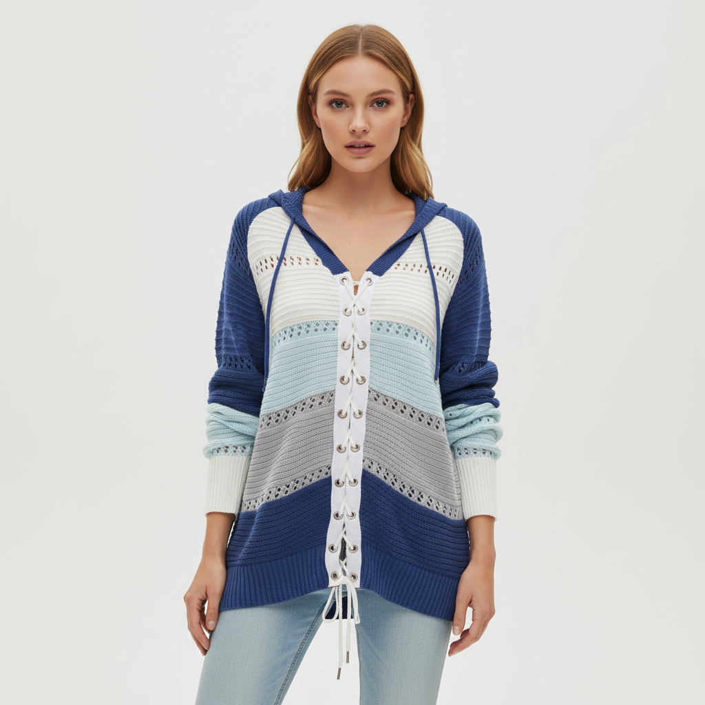 Relaxed hooded knit sweater featuring blue, white, and grey openwork panels with a white lace-up front and ribbed cuffs.